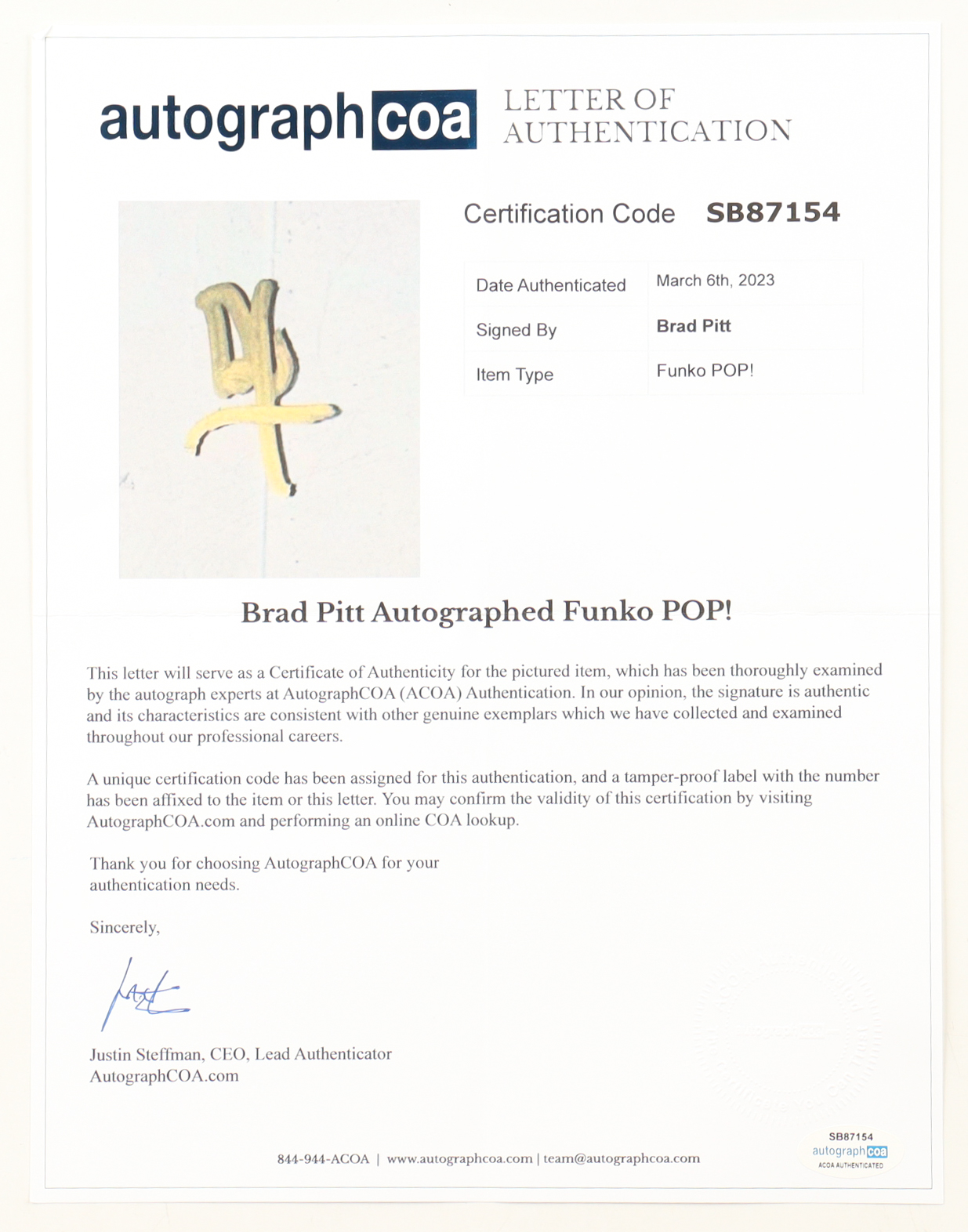 Brad Pitt Signed "Fight Club" #919 Tyler Durden Funko Pop! Vinyl Figure (ACOA) at PristineAuction.com Brad Pitt Signed "Fight Club" #919 Tyler Durden Funko Pop! Vinyl Figure (ACOA) at PristineAuction.com