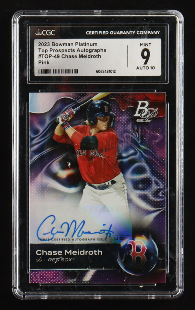Chase Meidroth 2023 Bowman Platinum Top Prospects Autographs Pink #TOP49 #41/199 RC (CGC 9 | Auto Grade 10) at PristineAuction.com Chase Meidroth 2023 Bowman Platinum Top Prospects Autographs Pink #TOP49 #41/199 RC (CGC 9 | Auto Grade 10) at PristineAuction.com
