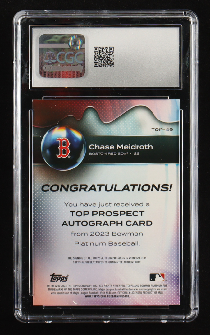 Chase Meidroth 2023 Bowman Platinum Top Prospects Autographs Pink #TOP49 #41/199 RC (CGC 9 | Auto Grade 10) at PristineAuction.com Chase Meidroth 2023 Bowman Platinum Top Prospects Autographs Pink #TOP49 #41/199 RC (CGC 9 | Auto Grade 10) at PristineAuction.com