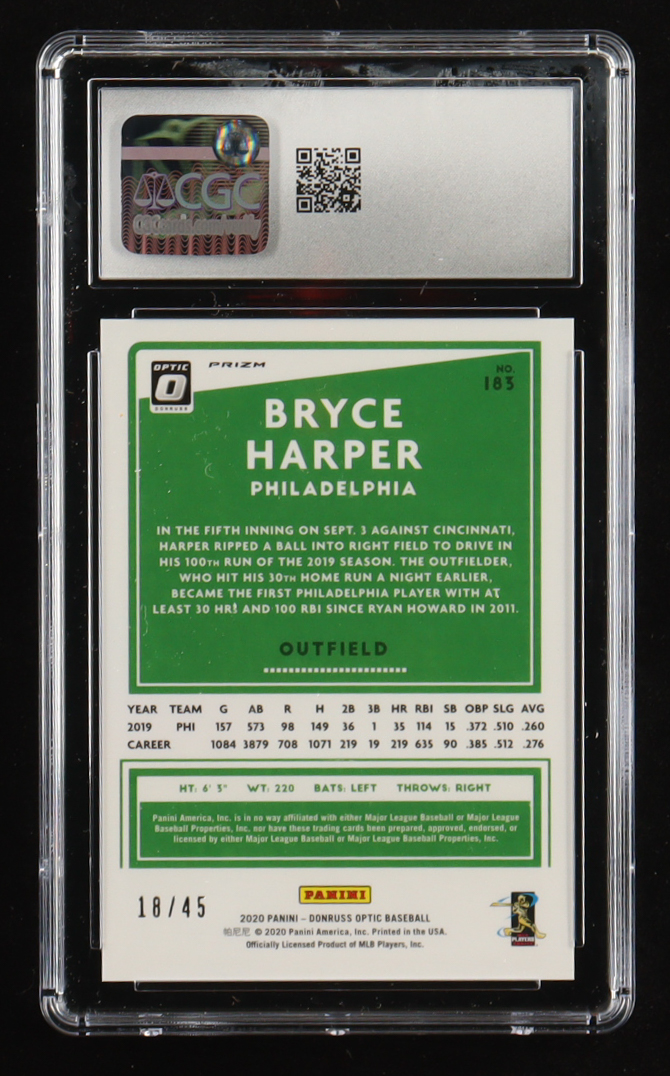 Bryce Harper 2020 Donruss Optic Liberty #183 #18/45 (CGC 10) at PristineAuction.com Bryce Harper 2020 Donruss Optic Liberty #183 #18/45 (CGC 10) at PristineAuction.com