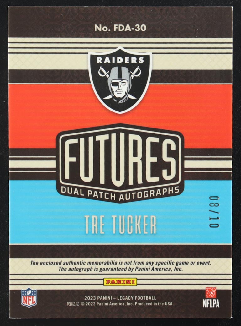 Tre Tucker 2023 Panini Futures Legacy Dual Patch Autographs #FDA-30 RC #08/10 at PristineAuction.com Tre Tucker 2023 Panini Futures Legacy Dual Patch Autographs #FDA-30 RC #08/10 at PristineAuction.com