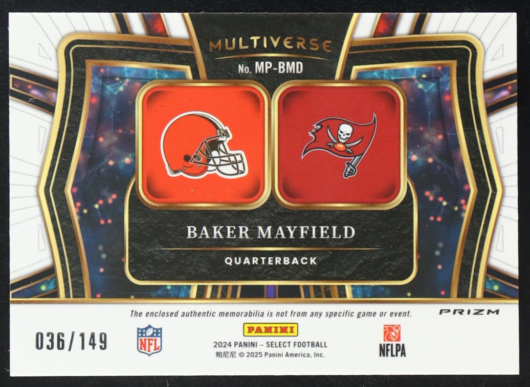 Baker Mayfield 2024 Panini Select Patch Multiverse Silver Prizm #MP-BMD #036/149 at PristineAuction.com Baker Mayfield 2024 Panini Select Patch Multiverse Silver Prizm #MP-BMD #036/149 at PristineAuction.com
