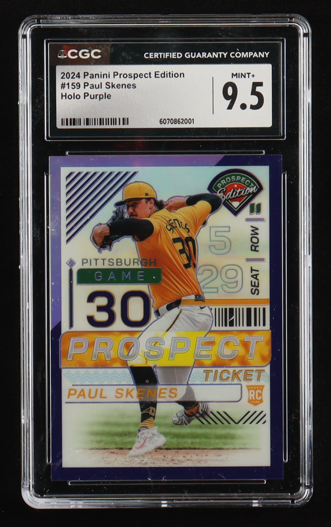 Paul Skenes 2024 Panini Prospect Edition Holo Purple #159 #7/99 RC (CGC 9.5) at PristineAuction.com Paul Skenes 2024 Panini Prospect Edition Holo Purple #159 #7/99 RC (CGC 9.5) at PristineAuction.com