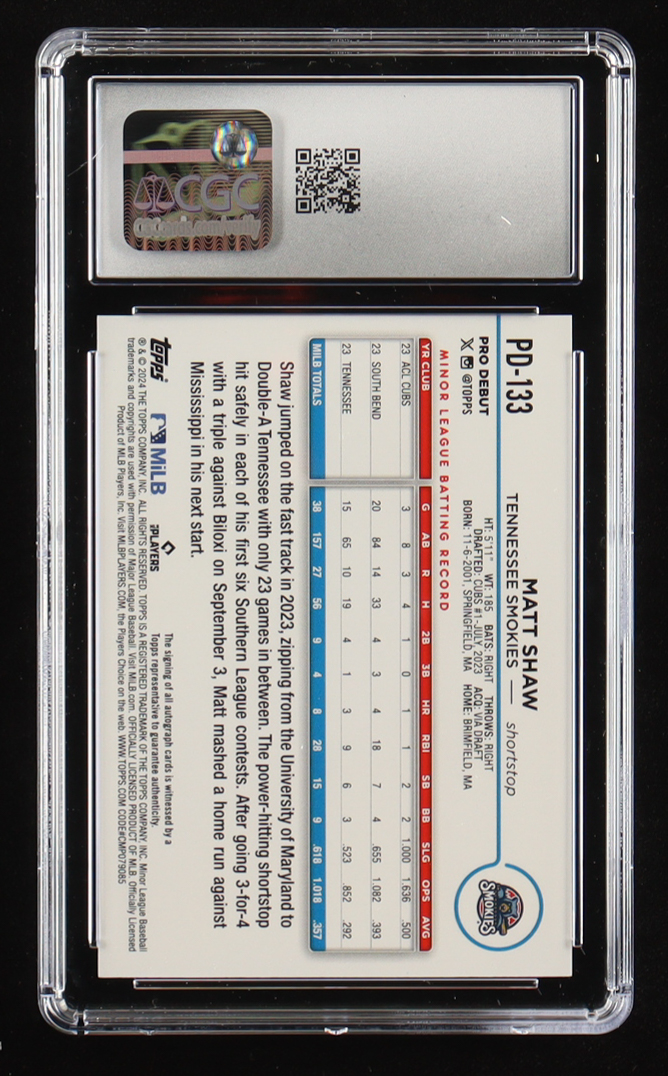 Matt Shaw 2024 Topps Pro Debut Autographs #PD133 RC (CGC 10 | Auto Grade 9) at PristineAuction.com Matt Shaw 2024 Topps Pro Debut Autographs #PD133 RC (CGC 10 | Auto Grade 9) at PristineAuction.com