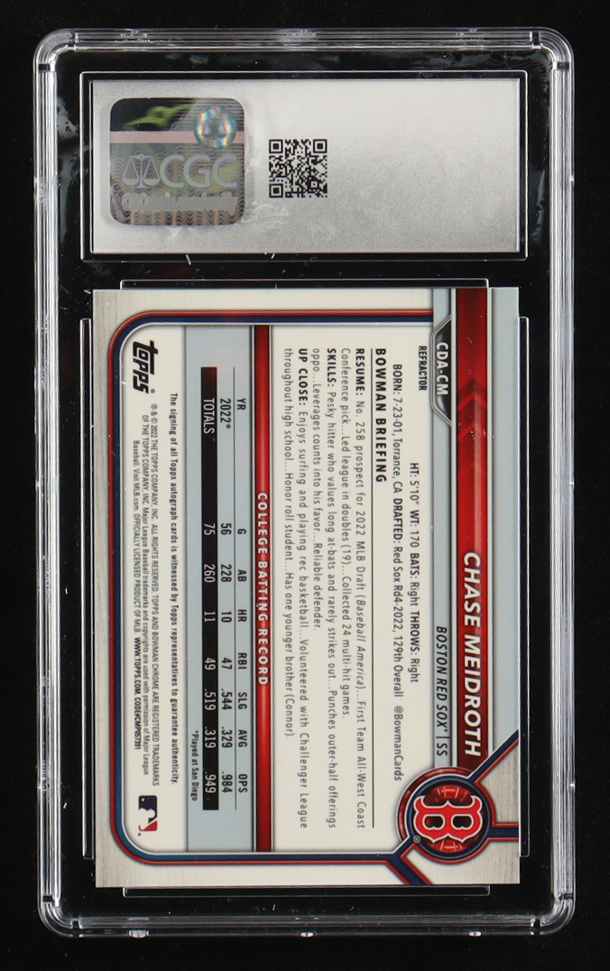 Chase Meidroth 2022 Bowman Chrome Draft 1st Edition Autographs Refractors #CDACD #410/499 RC (CGC 9.5 | Auto Grade 10) at PristineAuction.com Chase Meidroth 2022 Bowman Chrome Draft 1st Edition Autographs Refractors #CDACD #410/499 RC (CGC 9.5 | Auto Grade 10) at PristineAuction.com