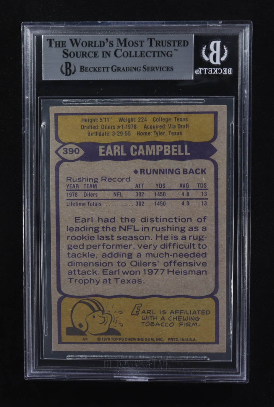 Earl Campbell Signed 1979 Topps #390 RC (Beckett) at PristineAuction.com Earl Campbell Signed 1979 Topps #390 RC (Beckett) at PristineAuction.com