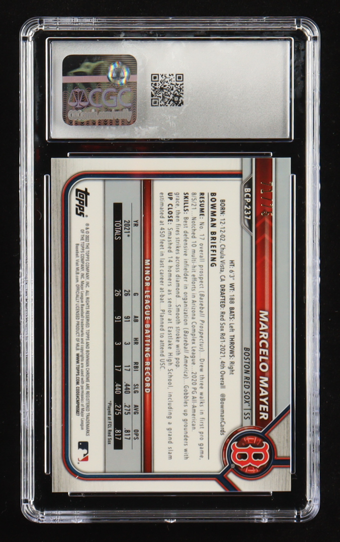 Marcelo Mayer 2022 Bowman Chrome Prospects Yellow Refractors #BCP237 #71/75 RC (CGC 8). at PristineAuction.com Marcelo Mayer 2022 Bowman Chrome Prospects Yellow Refractors #BCP237 #71/75 RC (CGC 8). at PristineAuction.com