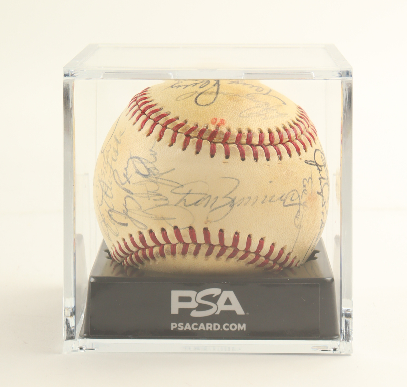 Baseball with Display Case Signed by (32) with Johnny Pesky, Johnny Podres, Carl Yastrzemski, Jim Rice (PSA) at PristineAuction.com Baseball with Display Case Signed by (32) with Johnny Pesky, Johnny Podres, Carl Yastrzemski, Jim Rice (PSA) at PristineAuction.com