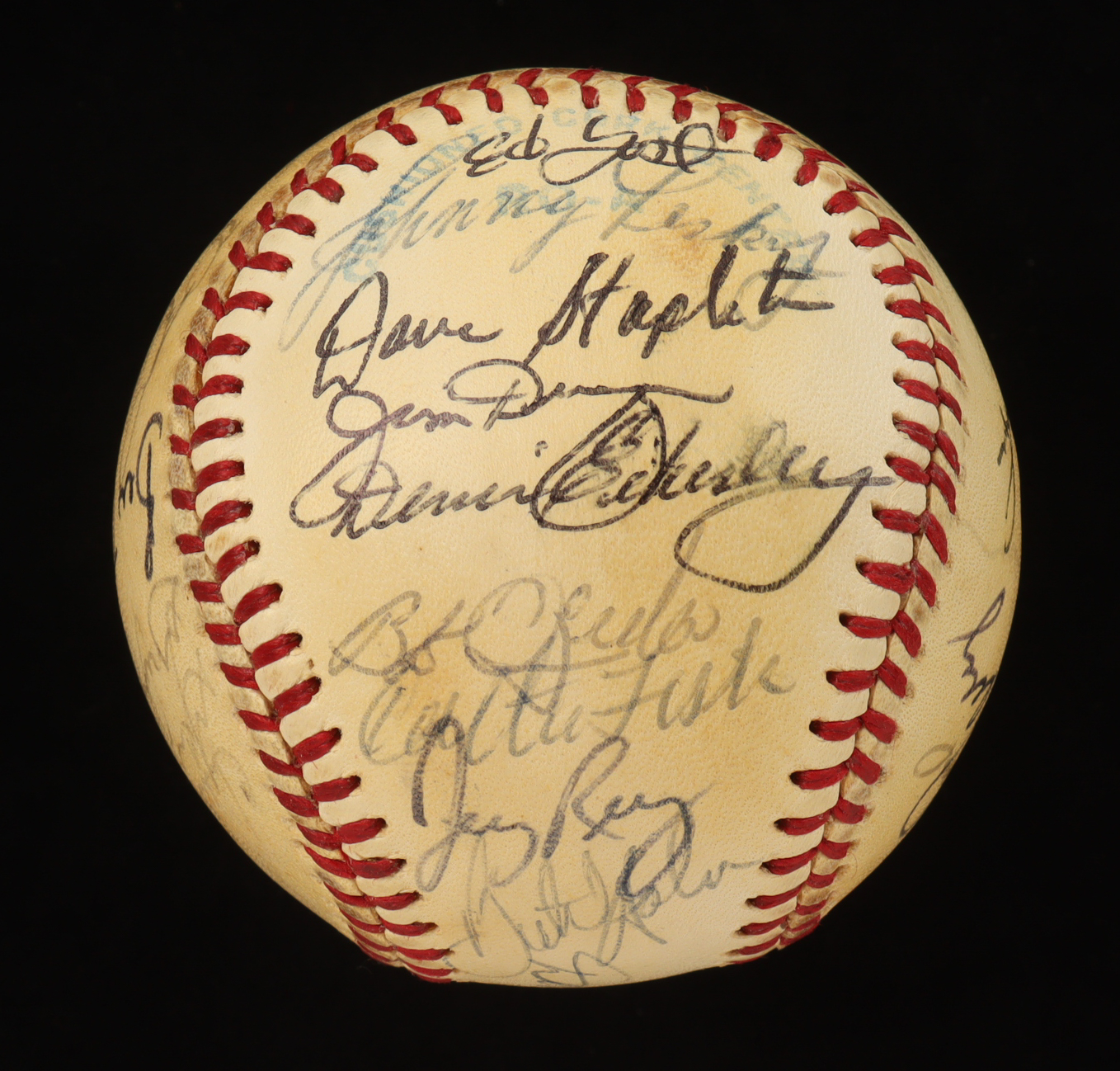 Baseball with Display Case Signed by (32) with Johnny Pesky, Johnny Podres, Carl Yastrzemski, Jim Rice (PSA) at PristineAuction.com Baseball with Display Case Signed by (32) with Johnny Pesky, Johnny Podres, Carl Yastrzemski, Jim Rice (PSA) at PristineAuction.com