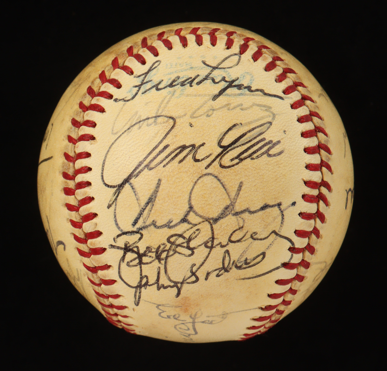 Baseball with Display Case Signed by (32) with Johnny Pesky, Johnny Podres, Carl Yastrzemski, Jim Rice (PSA) at PristineAuction.com Baseball with Display Case Signed by (32) with Johnny Pesky, Johnny Podres, Carl Yastrzemski, Jim Rice (PSA) at PristineAuction.com