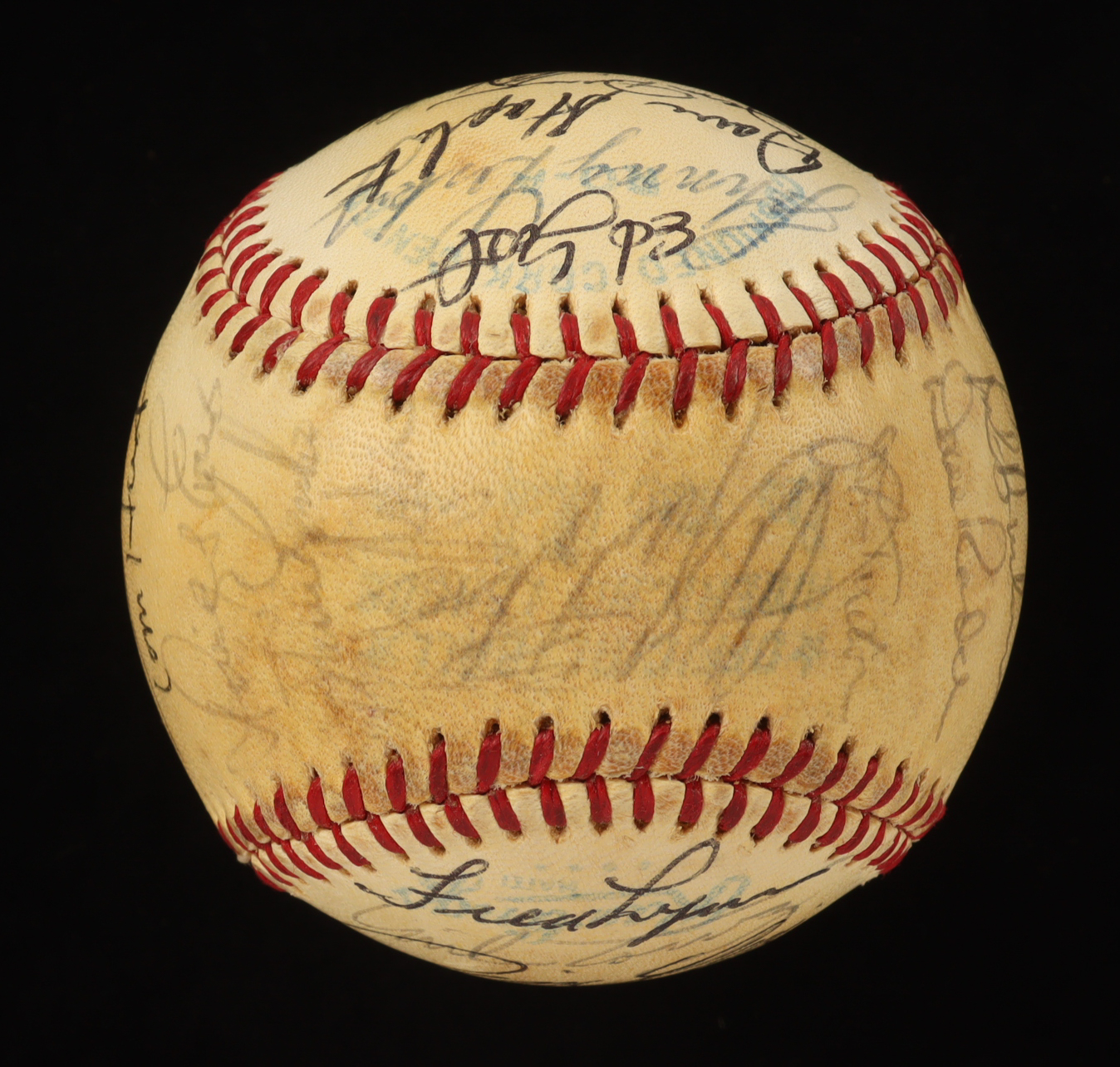 Baseball with Display Case Signed by (32) with Johnny Pesky, Johnny Podres, Carl Yastrzemski, Jim Rice (PSA) at PristineAuction.com Baseball with Display Case Signed by (32) with Johnny Pesky, Johnny Podres, Carl Yastrzemski, Jim Rice (PSA) at PristineAuction.com