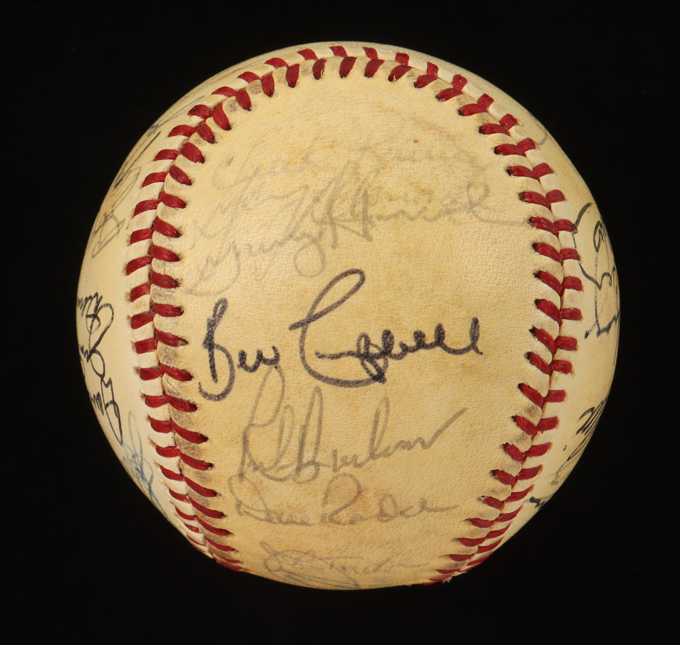 Baseball with Display Case Signed by (32) with Johnny Pesky, Johnny Podres, Carl Yastrzemski, Jim Rice (PSA) at PristineAuction.com Baseball with Display Case Signed by (32) with Johnny Pesky, Johnny Podres, Carl Yastrzemski, Jim Rice (PSA) at PristineAuction.com