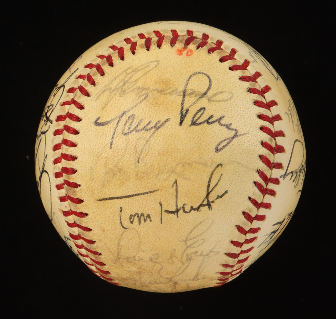 Baseball with Display Case Signed by (32) with Johnny Pesky, Johnny Podres, Carl Yastrzemski, Jim Rice (PSA) at PristineAuction.com Baseball with Display Case Signed by (32) with Johnny Pesky, Johnny Podres, Carl Yastrzemski, Jim Rice (PSA) at PristineAuction.com