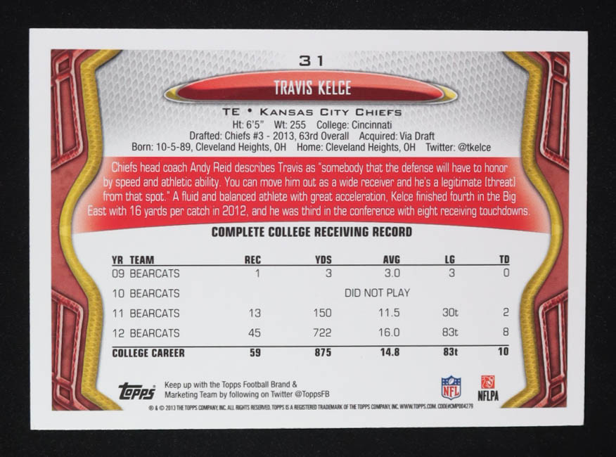 Travis Kelce 2013 Topps #31 RC at PristineAuction.com Travis Kelce 2013 Topps #31 RC at PristineAuction.com