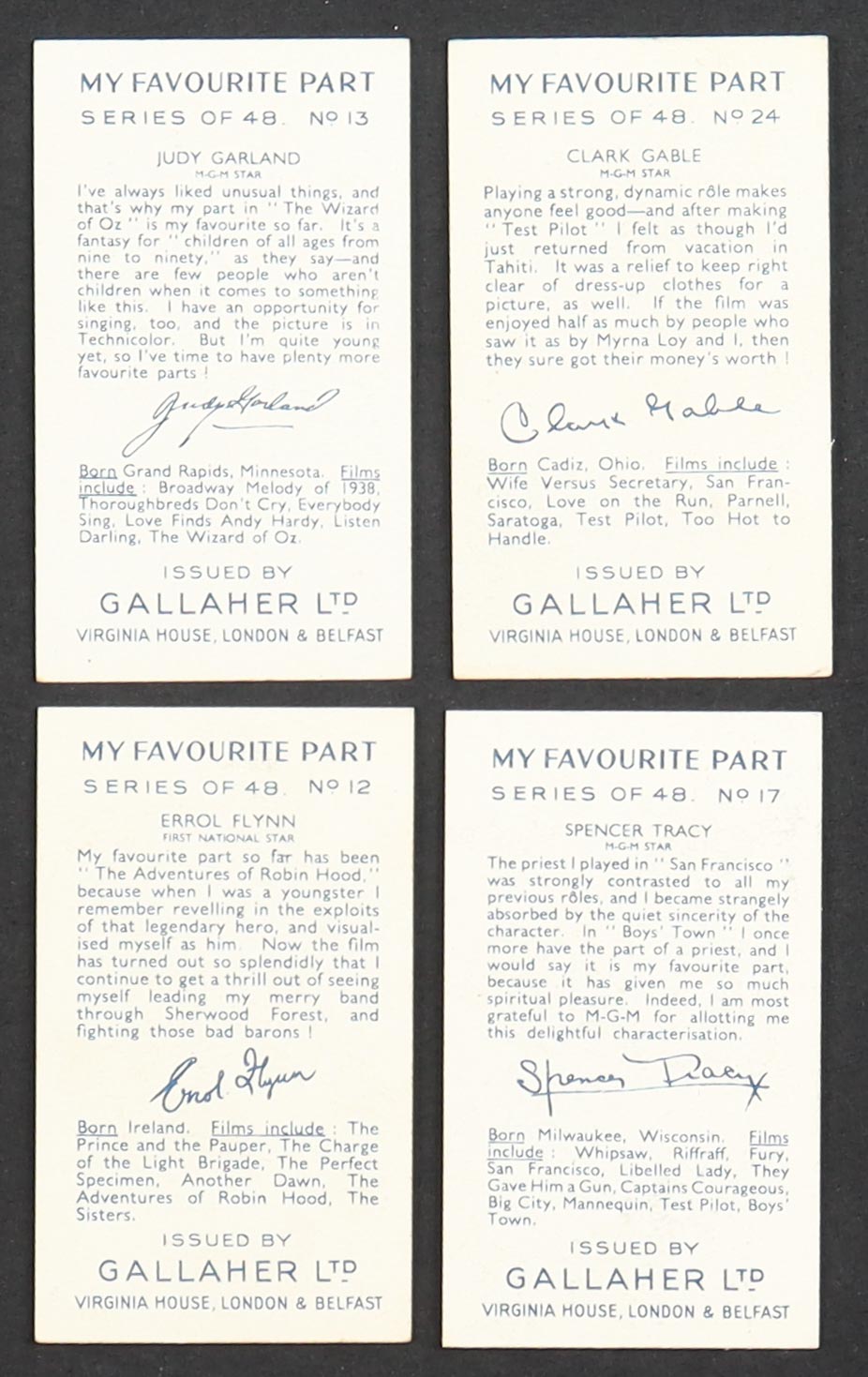 1939 Gallaher My Favourite Part Complete Set of (48) Cigarette Cards with Clark Gable #24, Vivien Leigh #15, Judy Garland #13, Errol Flynn #12 at PristineAuction.com 1939 Gallaher My Favourite Part Complete Set of (48) Cigarette Cards with Clark Gable #24, Vivien Leigh #15, Judy Garland #13, Errol Flynn #12 at PristineAuction.com