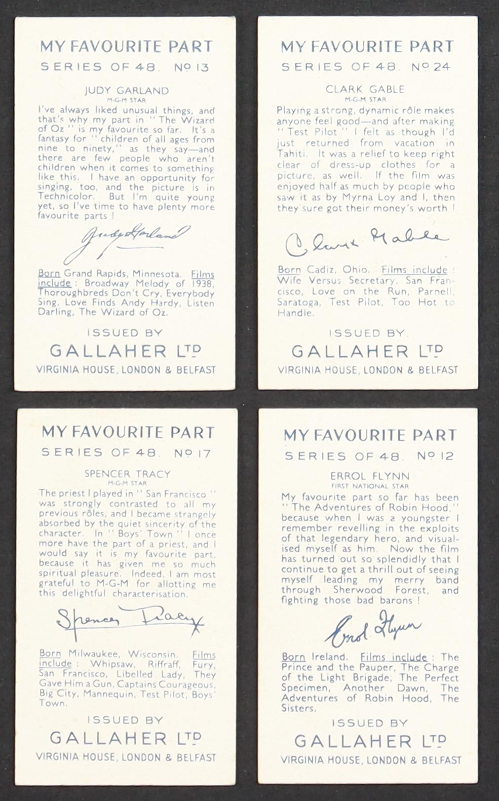 1939 Gallaher My Favourite Part Complete Set of (48) Cigarette Cards with Clark Gable #24, Vivien Leigh #15, Judy Garland #13, Errol Flynn #12 at PristineAuction.com 1939 Gallaher My Favourite Part Complete Set of (48) Cigarette Cards with Clark Gable #24, Vivien Leigh #15, Judy Garland #13, Errol Flynn #12 at PristineAuction.com