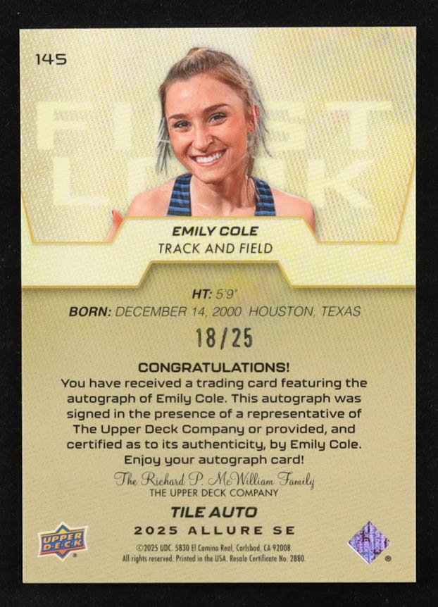 Emily Cole 2025 Upper Deck Allure SE Tile Autographs #145 FL #18/25 at PristineAuction.com Emily Cole 2025 Upper Deck Allure SE Tile Autographs #145 FL #18/25 at PristineAuction.com