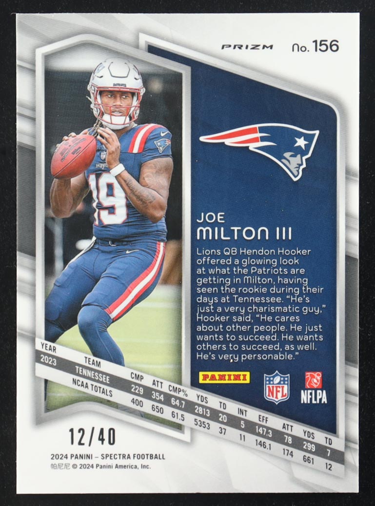 Joe Milton III 2024 Panini Spectra Astral Prizm #156 RC #12/40 at PristineAuction.com Joe Milton III 2024 Panini Spectra Astral Prizm #156 RC #12/40 at PristineAuction.com