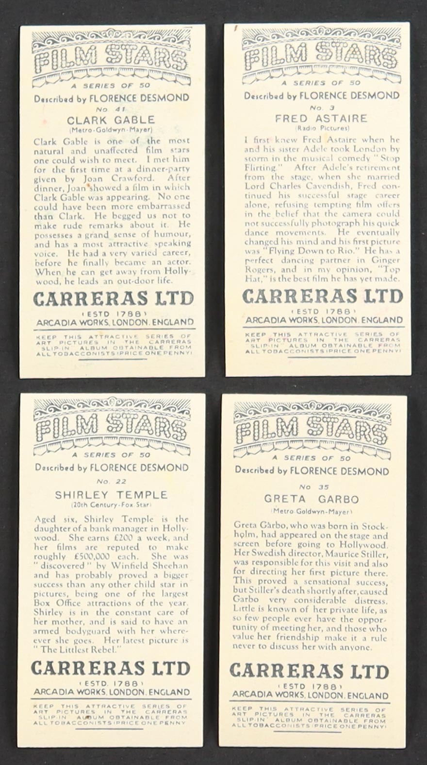 1936 Carreras Cigarettes Famous Film Stars Complete Trading Card Set With (50) Cards at PristineAuction.com 1936 Carreras Cigarettes Famous Film Stars Complete Trading Card Set With (50) Cards at PristineAuction.com