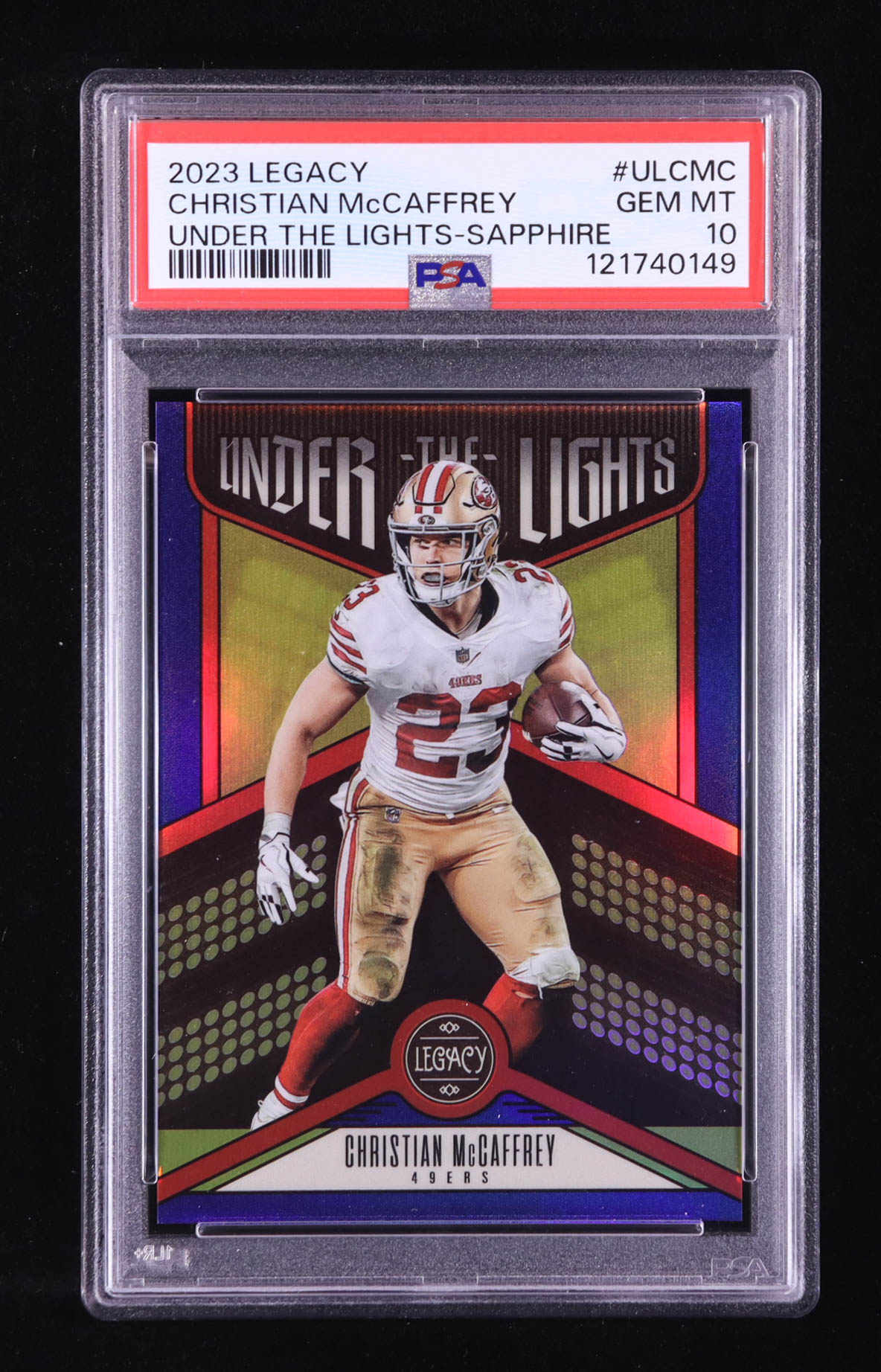 Christian McCaffrey 2023 Panini Legacy Under the Lights Sapphire #39 #07/35 (PSA 10) at PristineAuction.com Christian McCaffrey 2023 Panini Legacy Under the Lights Sapphire #39 #07/35 (PSA 10) at PristineAuction.com