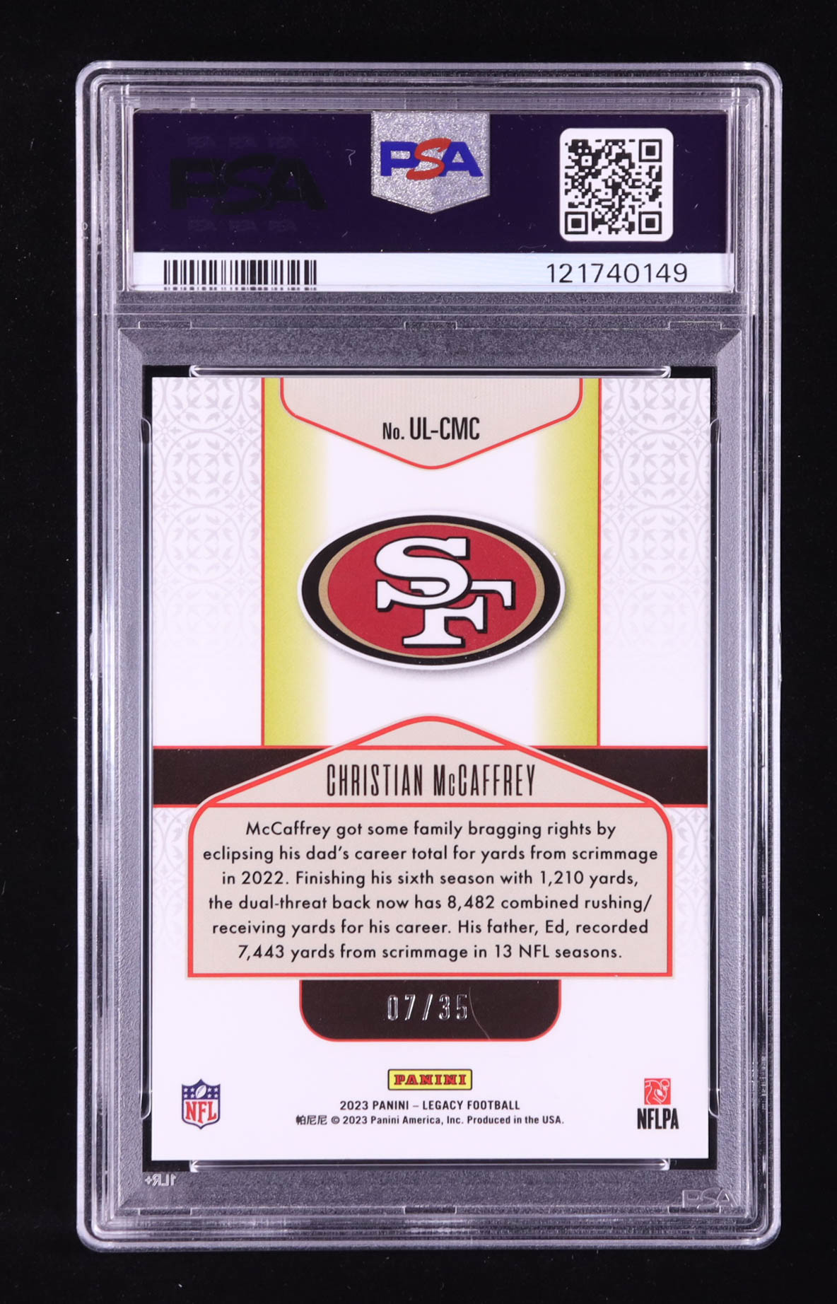 Christian McCaffrey 2023 Panini Legacy Under the Lights Sapphire #39 #07/35 (PSA 10) at PristineAuction.com Christian McCaffrey 2023 Panini Legacy Under the Lights Sapphire #39 #07/35 (PSA 10) at PristineAuction.com