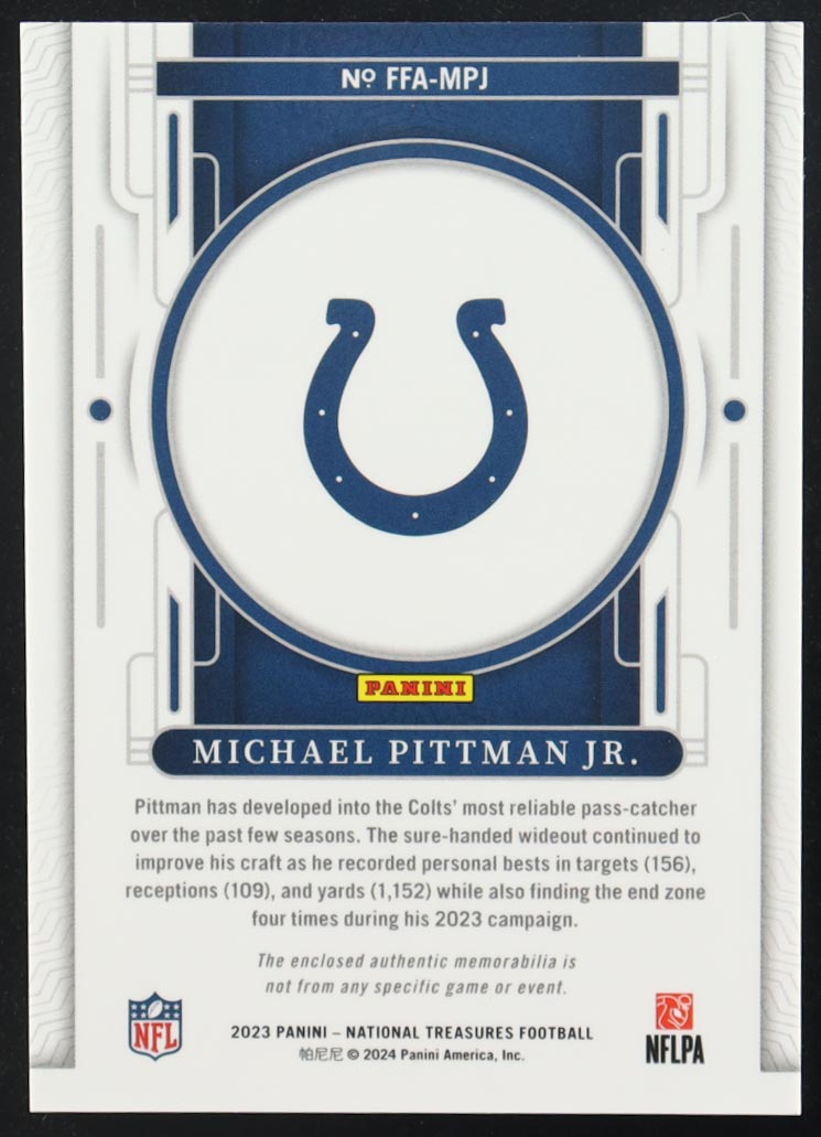 Michael Pittman Jr. 2023 Panini National Treasures Framed Fabric Holo Gold #44 #05/10 at PristineAuction.com Michael Pittman Jr. 2023 Panini National Treasures Framed Fabric Holo Gold #44 #05/10 at PristineAuction.com