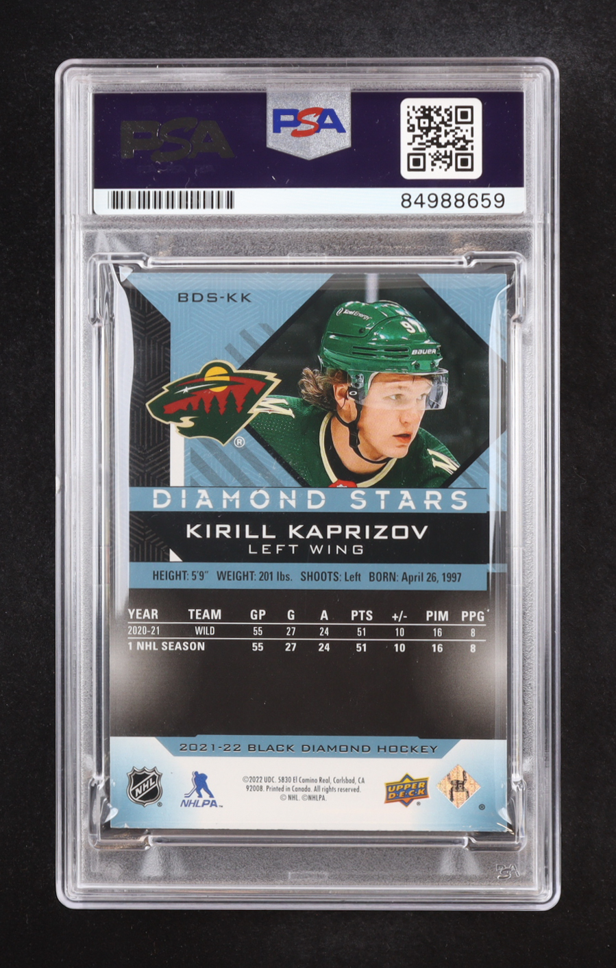 Kirill Kaprizov Signed 2021-22 Black Diamond Diamond Stars #BDSKK #100/249 (PSA Authentic) at PristineAuction.com Kirill Kaprizov Signed 2021-22 Black Diamond Diamond Stars #BDSKK #100/249 (PSA Authentic) at PristineAuction.com