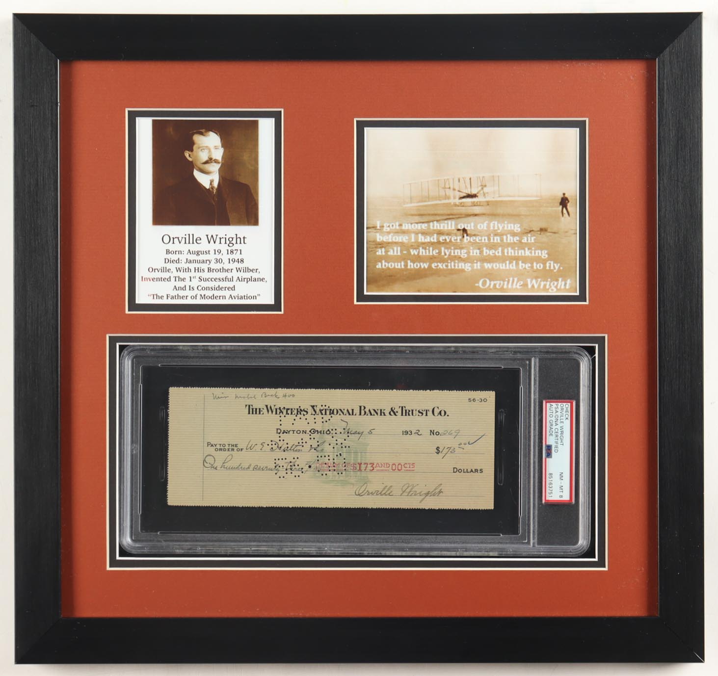 Orville Wright Signed Custom Framed 1932 Custom Framed Personal Bank Check Display (PSA | Autograph Graded 8) at PristineAuction.com Orville Wright Signed Custom Framed 1932 Custom Framed Personal Bank Check Display (PSA | Autograph Graded 8) at PristineAuction.com