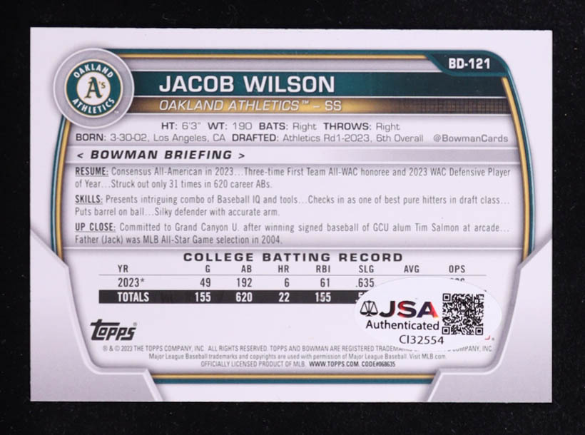 Jacob Wilson 2023 Bowman Draft #BD121 RC at PristineAuction.com Jacob Wilson 2023 Bowman Draft #BD121 RC at PristineAuction.com
