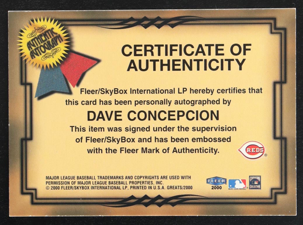 Dave Concepcion 2000 Fleer Greats of the Game Autographs at PristineAuction.com Dave Concepcion 2000 Fleer Greats of the Game Autographs at PristineAuction.com
