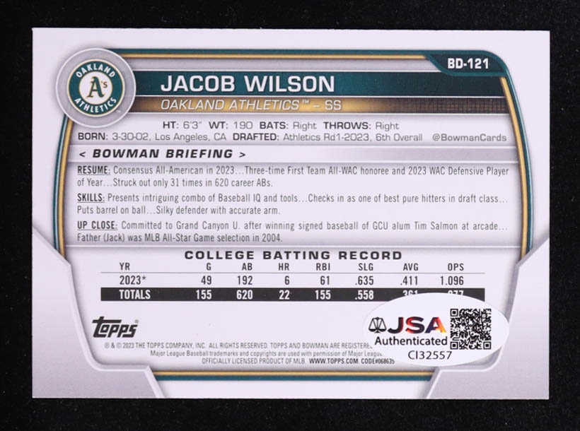 Jacob Wilson 2023 Bowman Draft #BD121 RC at PristineAuction.com Jacob Wilson 2023 Bowman Draft #BD121 RC at PristineAuction.com