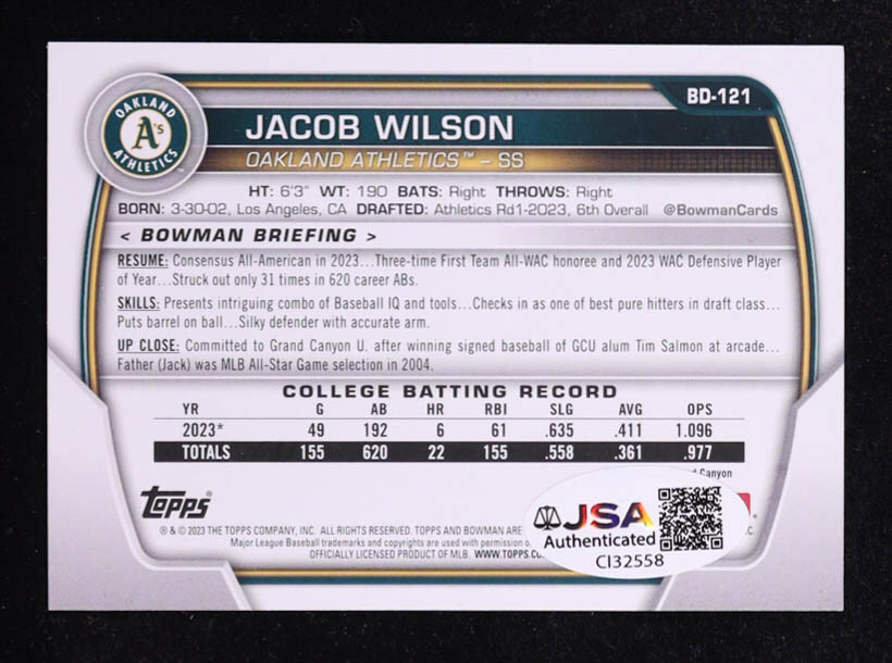 Jacob Wilson 2023 Bowman Draft #BD121 RC at PristineAuction.com Jacob Wilson 2023 Bowman Draft #BD121 RC at PristineAuction.com