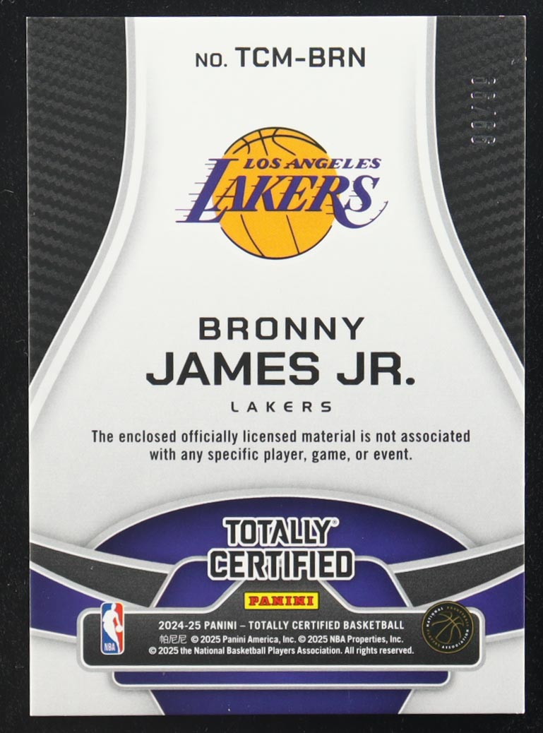 Bronny James Jr. 2024-25 Panini Totally Certified Materials Purple Mirror #TCM-BRN RC #99/99 at PristineAuction.com Bronny James Jr. 2024-25 Panini Totally Certified Materials Purple Mirror #TCM-BRN RC #99/99 at PristineAuction.com