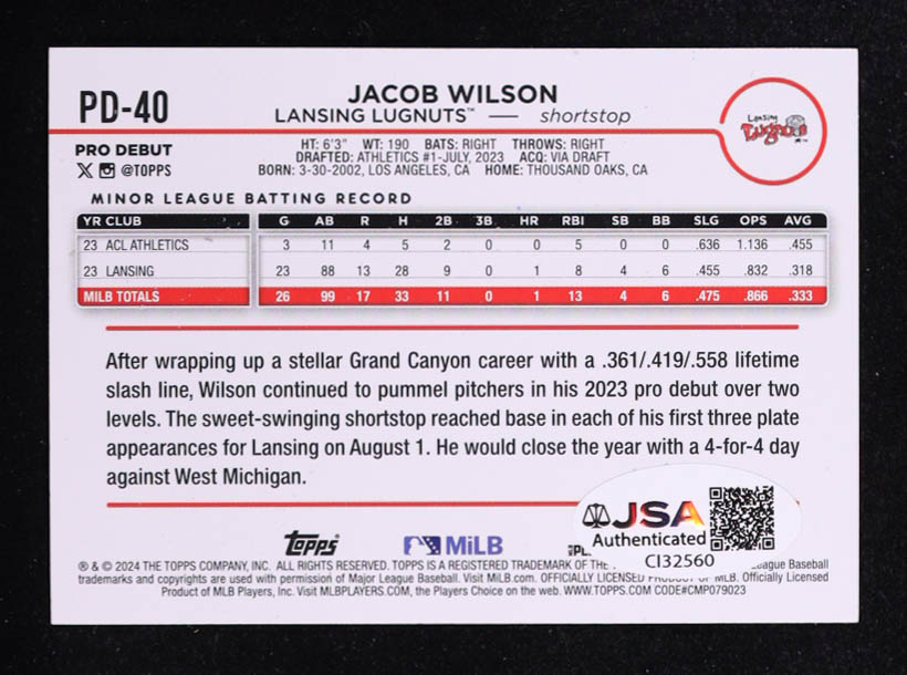 Jacob Wilson  2024 Topps Pro Debut #PD40 at PristineAuction.com Jacob Wilson  2024 Topps Pro Debut #PD40 at PristineAuction.com