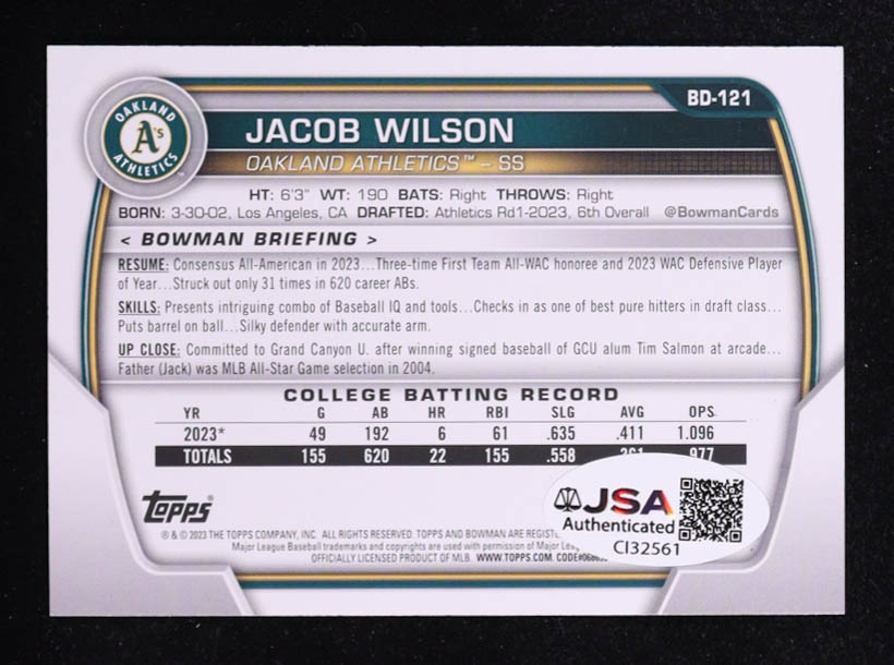 Jacob Wilson 2023 Bowman Draft #BD121 RC at PristineAuction.com Jacob Wilson 2023 Bowman Draft #BD121 RC at PristineAuction.com