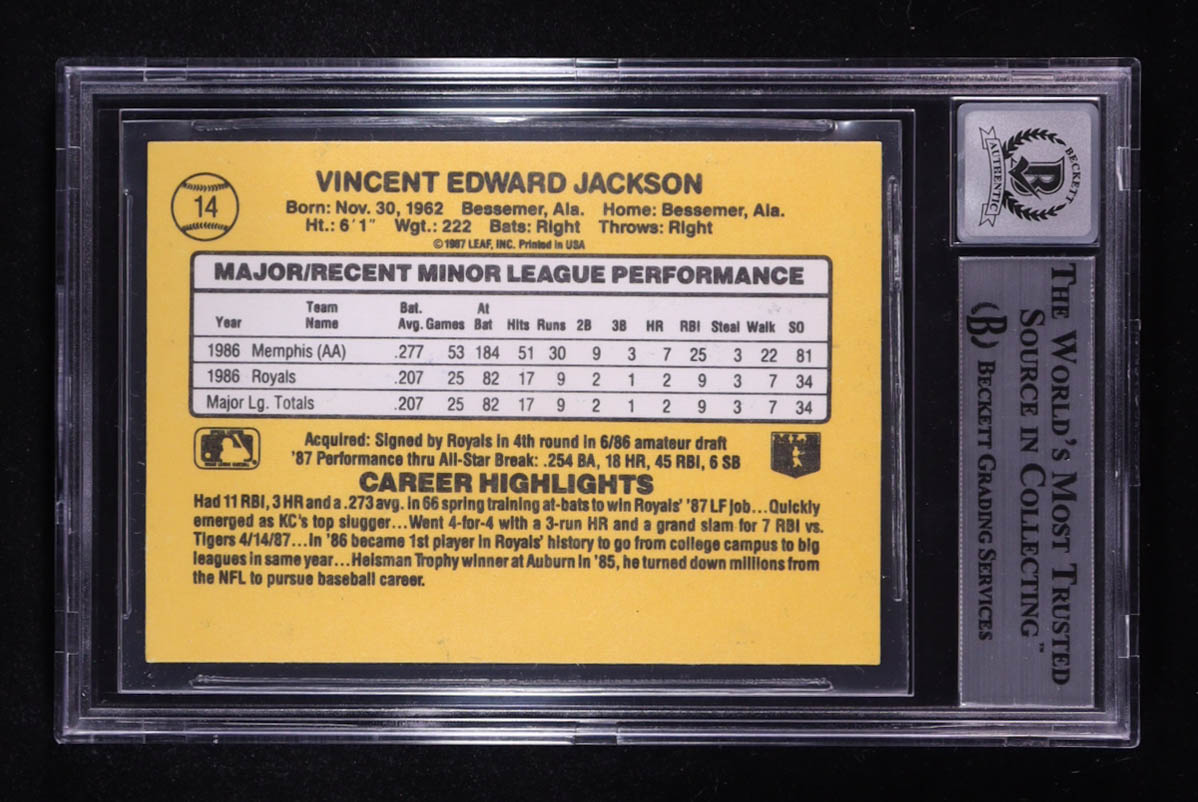 Bo Jackson 1987 Donruss Rookies #14 RC (BGS 10 Auto) at PristineAuction.com Bo Jackson 1987 Donruss Rookies #14 RC (BGS 10 Auto) at PristineAuction.com
