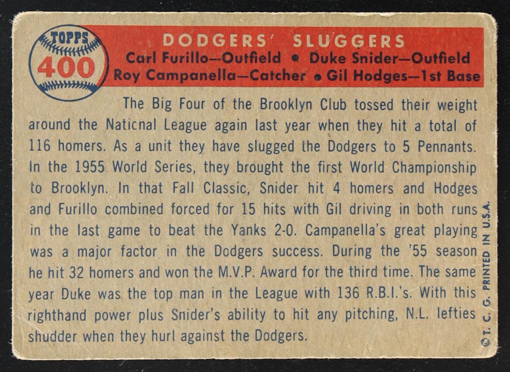 Carl Furillo / Gil Hodges / Roy Campanella / Duke Snider 1957 Topps Dodgers' Sluggers Topps #400 at PristineAuction.com Carl Furillo / Gil Hodges / Roy Campanella / Duke Snider 1957 Topps Dodgers' Sluggers Topps #400 at PristineAuction.com