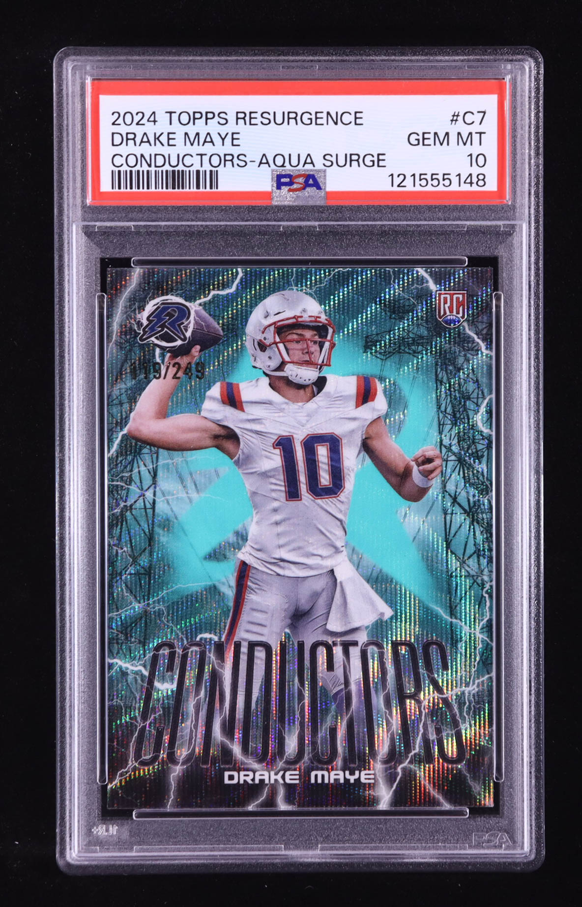 Drake Maye 2024 Topps Resurgence Conductors Aqua Surge #C7 #119/249 RC (PSA 10) at PristineAuction.com Drake Maye 2024 Topps Resurgence Conductors Aqua Surge #C7 #119/249 RC (PSA 10) at PristineAuction.com