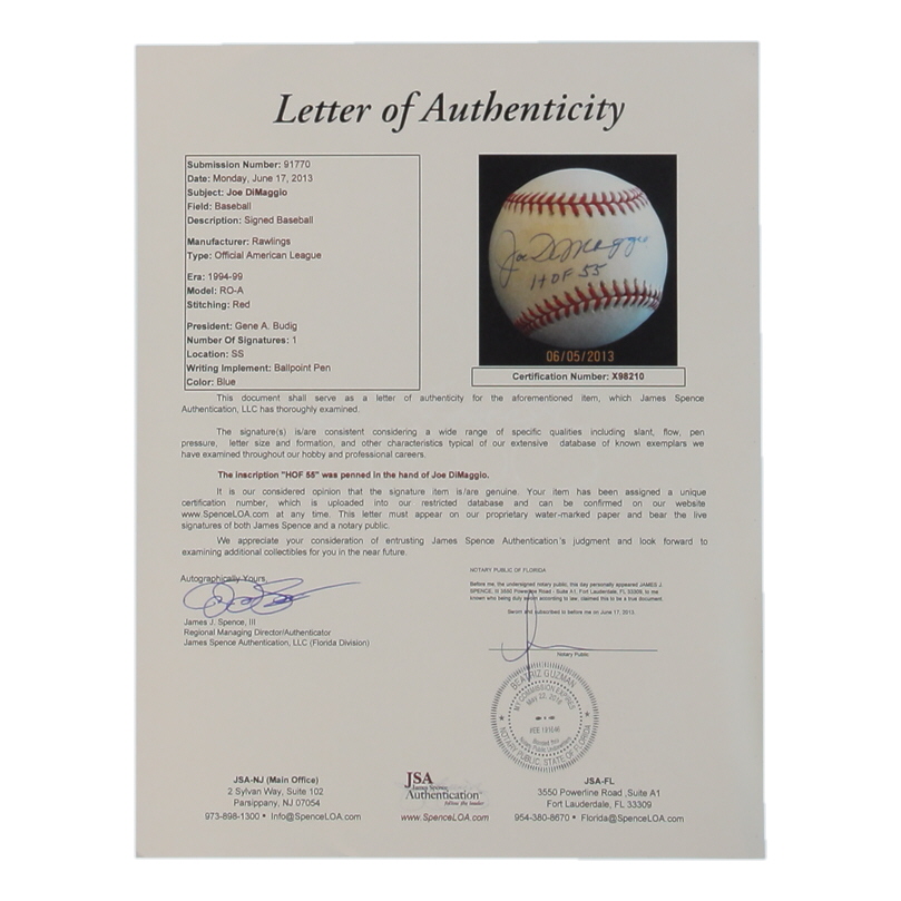 Joe DiMaggio Signed OAL Baseball Inscribed "HOF 55" (JSA) at PristineAuction.com Joe DiMaggio Signed OAL Baseball Inscribed "HOF 55" (JSA) at PristineAuction.com