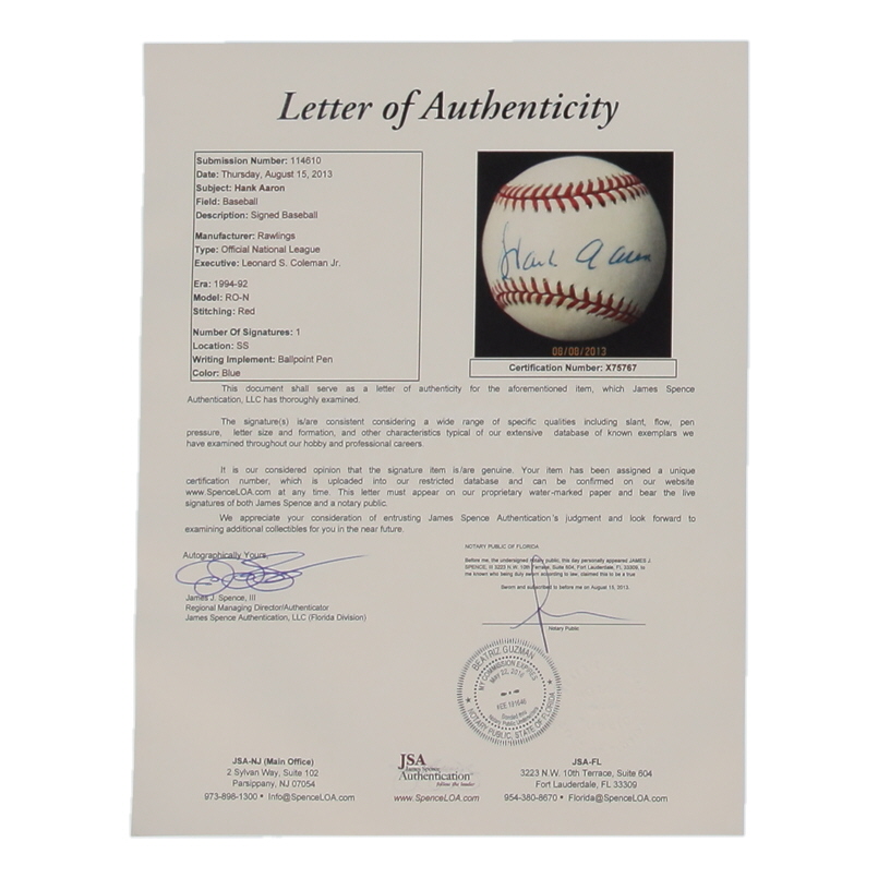 Hank Aaron Signed ONL Baseball (JSA) at PristineAuction.com Hank Aaron Signed ONL Baseball (JSA) at PristineAuction.com