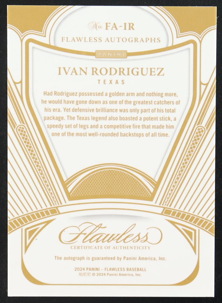 Ivan Rodriguez 2024 Panini Flawless Auto #FA-IR #01/10 at PristineAuction.com Ivan Rodriguez 2024 Panini Flawless Auto #FA-IR #01/10 at PristineAuction.com