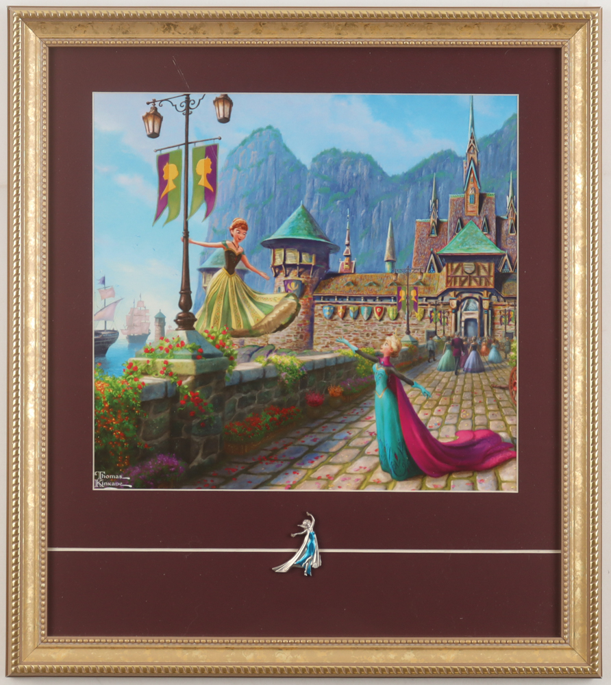 Thomas Kinkade "Frozen" Custom Framed Print Display with Elsa Pin at PristineAuction.com Thomas Kinkade "Frozen" Custom Framed Print Display with Elsa Pin at PristineAuction.com