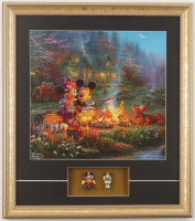 Thomas Kinkade "Mickey & Minnie Mouse by the Campfire" Custom Framed Print Display with 1960 Mickey & Minnie Mouse Figurines at PristineAuction.com