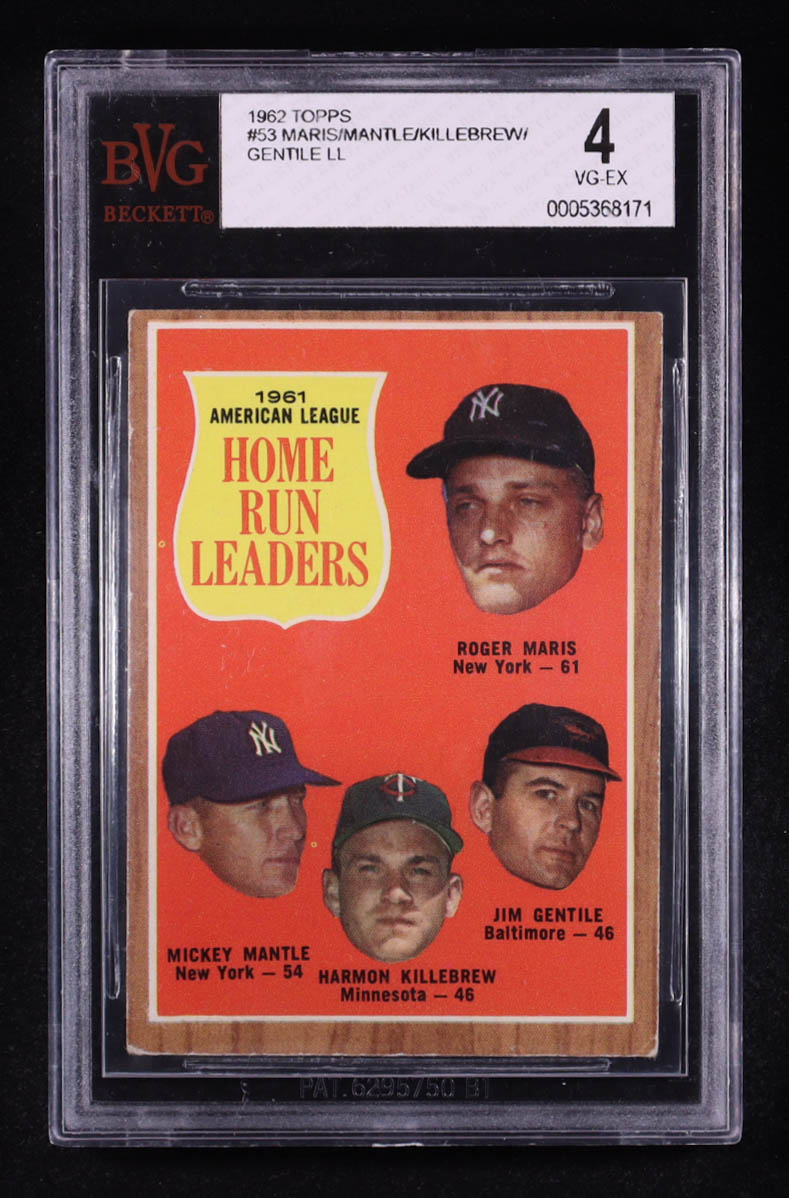 Roger Maris / Mickey Mantle / Jim Gentile / Harmon Killebrew 1962 Topps #53 AL Home Run Leaders (BVG 4) at PristineAuction.com Roger Maris / Mickey Mantle / Jim Gentile / Harmon Killebrew 1962 Topps #53 AL Home Run Leaders (BVG 4) at PristineAuction.com