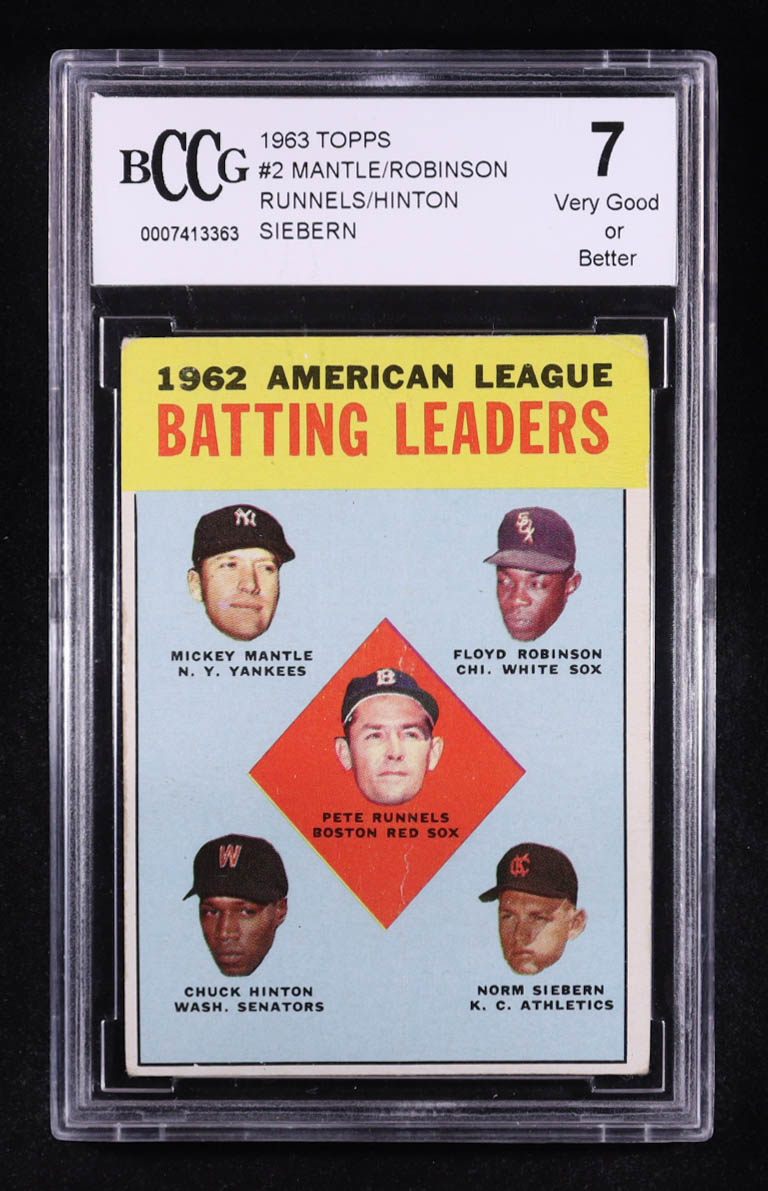 Pete Runnels / Mickey Mantle / Floyd Robinson / Norm Siebern / Chuck Hinton 1963 Topps #2 AL Batting Leaders (BCCG 7) at PristineAuction.com Pete Runnels / Mickey Mantle / Floyd Robinson / Norm Siebern / Chuck Hinton 1963 Topps #2 AL Batting Leaders (BCCG 7) at PristineAuction.com