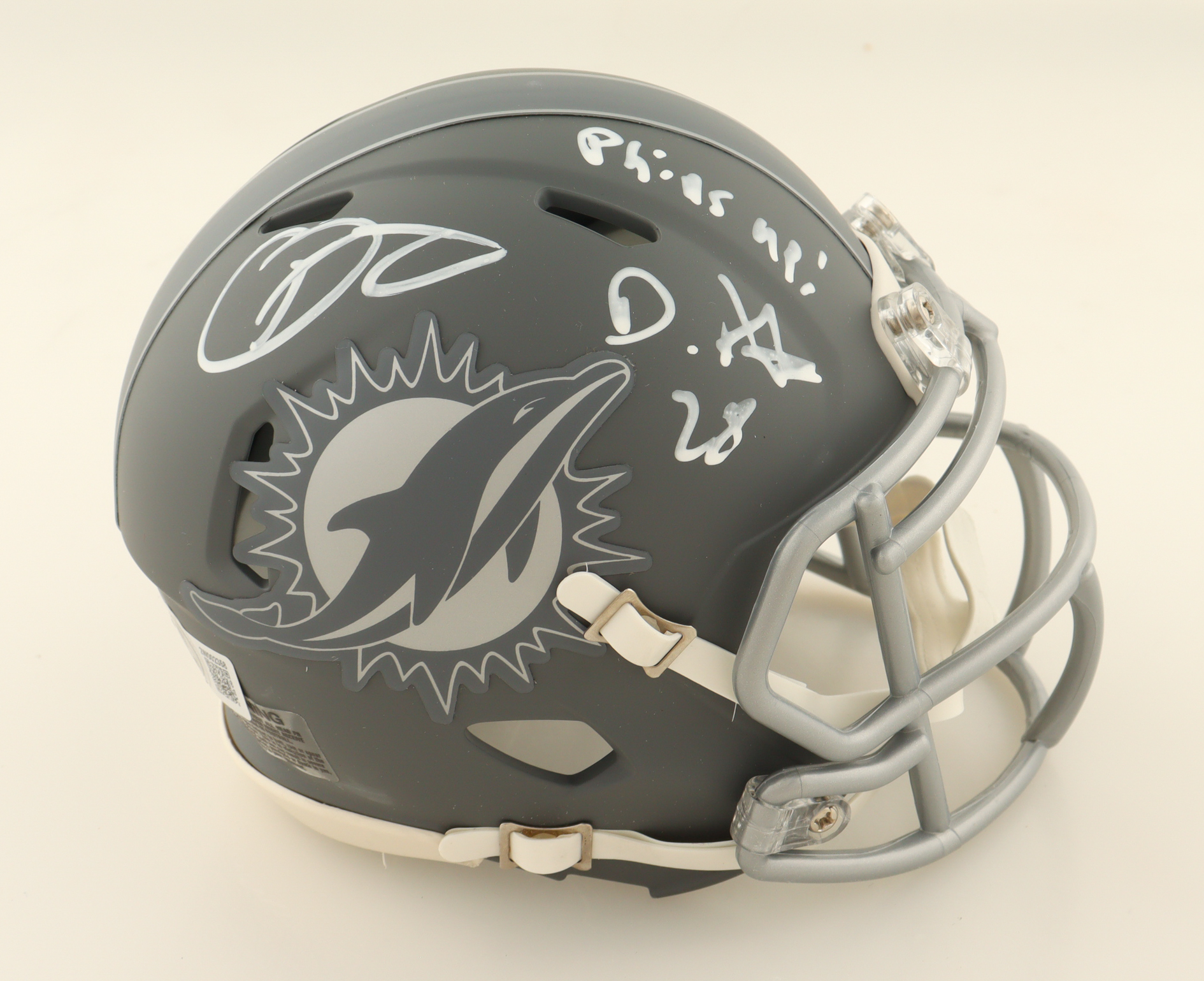 Odell Beckham Jr. & De'Von Achane Signed Dolphins Slate Alternate Speed Mini Helmet Inscribed "Phins Up!" (Beckett) at PristineAuction.com Odell Beckham Jr. & De'Von Achane Signed Dolphins Slate Alternate Speed Mini Helmet Inscribed "Phins Up!" (Beckett) at PristineAuction.com