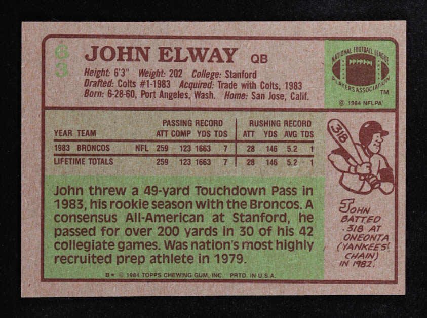 John Elway 1984 Topps #63 RC at PristineAuction.com John Elway 1984 Topps #63 RC at PristineAuction.com
