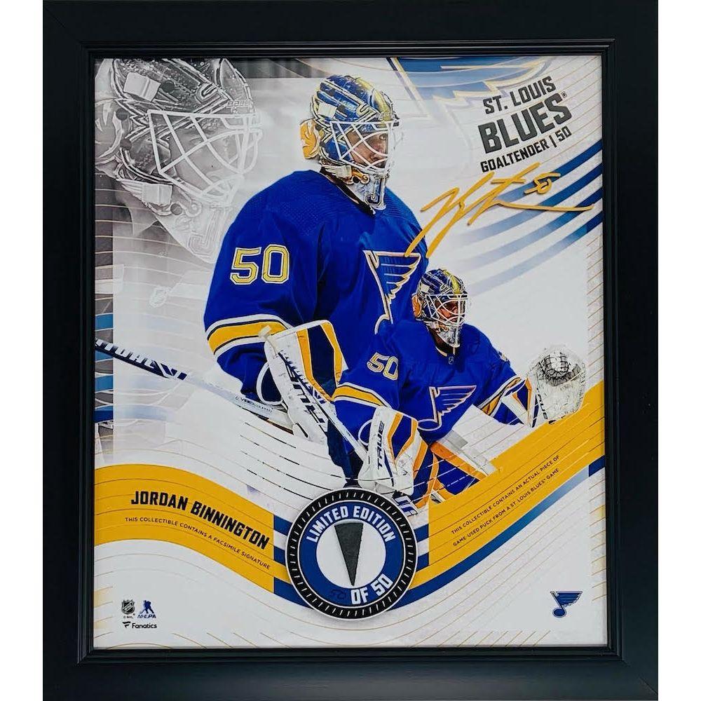 Jordan Binnington LE Blues Custom Framed Game-Used Puck Piece Display at PristineAuction.com Jordan Binnington LE Blues Custom Framed Game-Used Puck Piece Display at PristineAuction.com