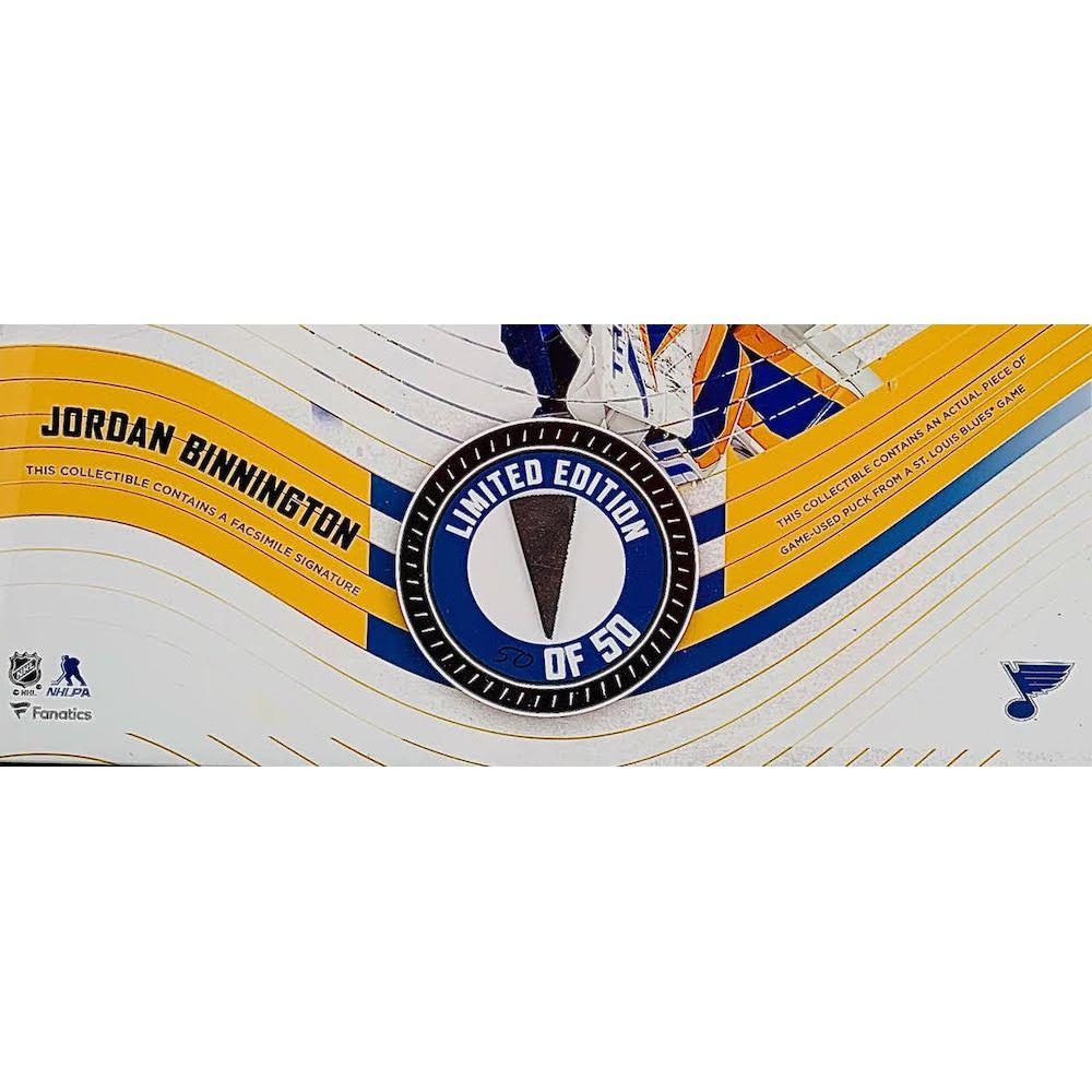 Jordan Binnington LE Blues Custom Framed Game-Used Puck Piece Display at PristineAuction.com Jordan Binnington LE Blues Custom Framed Game-Used Puck Piece Display at PristineAuction.com