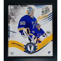 Jordan Binnington LE Blues Custom Framed Game-Used Puck Piece Display at PristineAuction.com